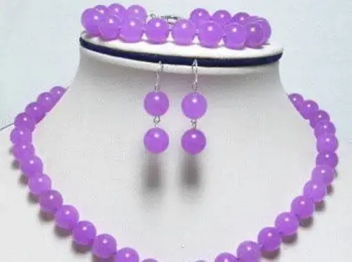 FREE SHIPPING&gt&gt@&gt QW365 genuine 10mm purple jade necklace bracelet earring set BV151@^18K GP style Fine jewe Noble Natural j |