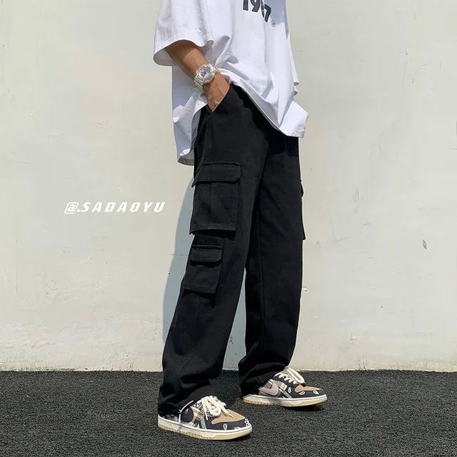 White Black Cotton Cargo Pants Men Fashion Multi-pocket Casual Pants Men Streetwear Loose Hip-hop Straight Pants Mens Trousers Black