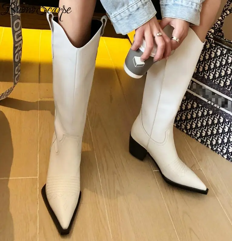 Белый Buono Scarpe/высокие сапоги в ковбойском стиле в стиле ретро; обувь с острым носком и вышивкой; женская кожаная обувь; Botas Mujer; прошитая женская обувь на каблуке - Цвет: Белый
