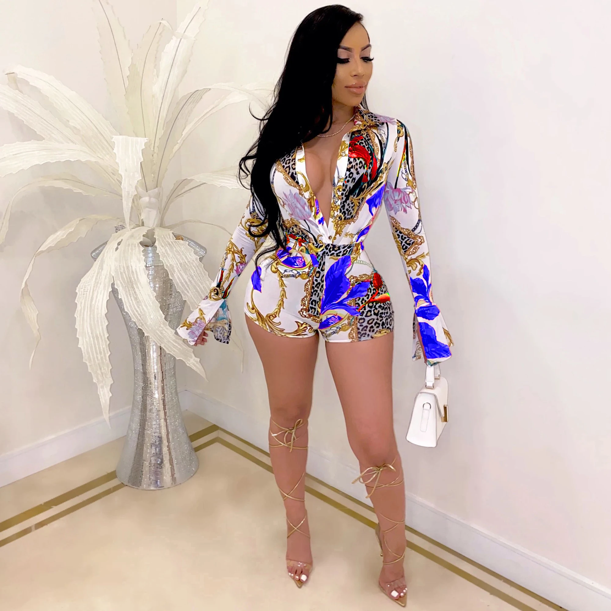 ChocoMist Jumpsuit Casual Leopard Design Print Long Sleeve Long - sleeved One-piece Shorts CM725