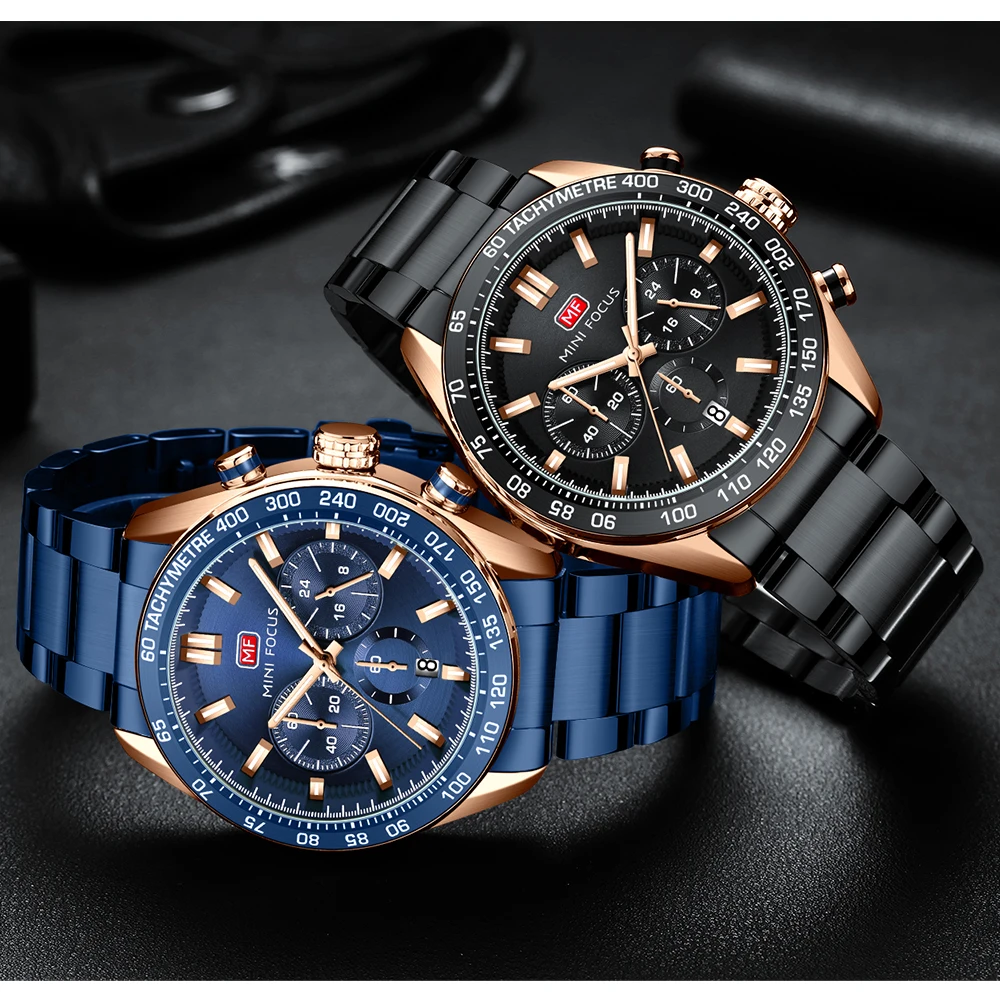 MINI FOCUS Gold Watch for Men Fashion Stainless Steel Quartz