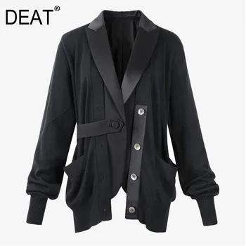 

DEAT 2020 new spring and summer full sleeves lantern sleeveless knitting turn-down collar PU patchwork pocket blazer WL26601L