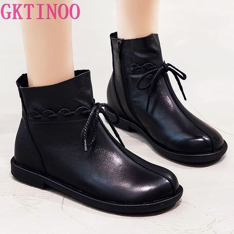 GKTINOO botas de piel auténtica para mujer, Botines planos hechos a mano, Estilo Vintage, otoño e invierno, 2019|Botas hasta el tobillo| - AliExpress