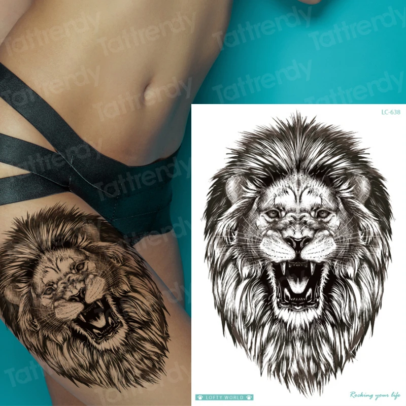 Татуировка голова льва тигр животные Мужская Грудь татуировки Девушки бедра задняя рука татуировки рукава большие тату поддельные водонепроницаемые сексуальные боди арт
