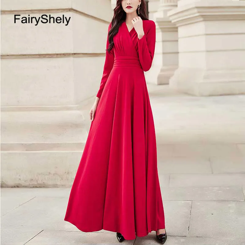 FairyShely весеннее Длинное Платье Макси женское сексуальное красное с глубоким v-образным вырезом Клубное облегающее платье вечернее платье в стиле знаменитостей Vestidos