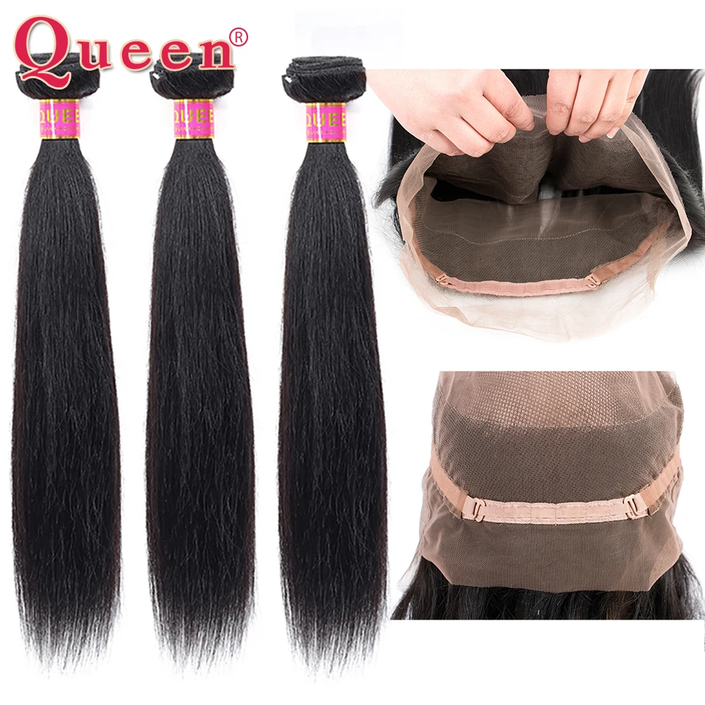 

Brazilian Straight Hair Bundles With 360 Lace Frontal Closure Queen Hair 3 Bundles With 360 Closure Remy Natural Black Hair