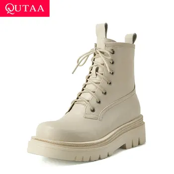 

QUTAA 2021 Ankle Boots Quality Cow Leather Lace Up Zipper Short Boots Round Toe Square High Heel All Match Women Shoes Size34-39