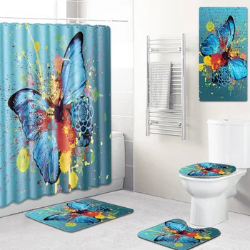 

Butterfly Diagram Bathroom Shower Curtain Mat Toilet Cover Mat Waterproof Bath Mat Five-Piece Carpet