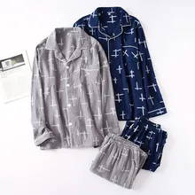 

Japanese Style Spring and Autumn New Pajamas Men's 100% Cotton Thin Long-sleeved Pants Suit Lapel Cotton Simple Home Service