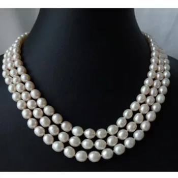 

3 strands white rice genuined nature freshwater pearl necklace clasp 7-8mm