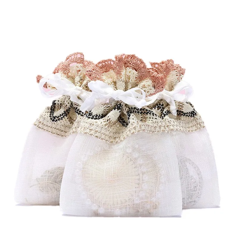 4*5,5 дюймов Кружева Drawstring Подарочные Сумки органза сумка ювелирные сумки Элегантный Кружева Перо Дизайн Свадебная вечеринка Добро пожаловать пользу мешок