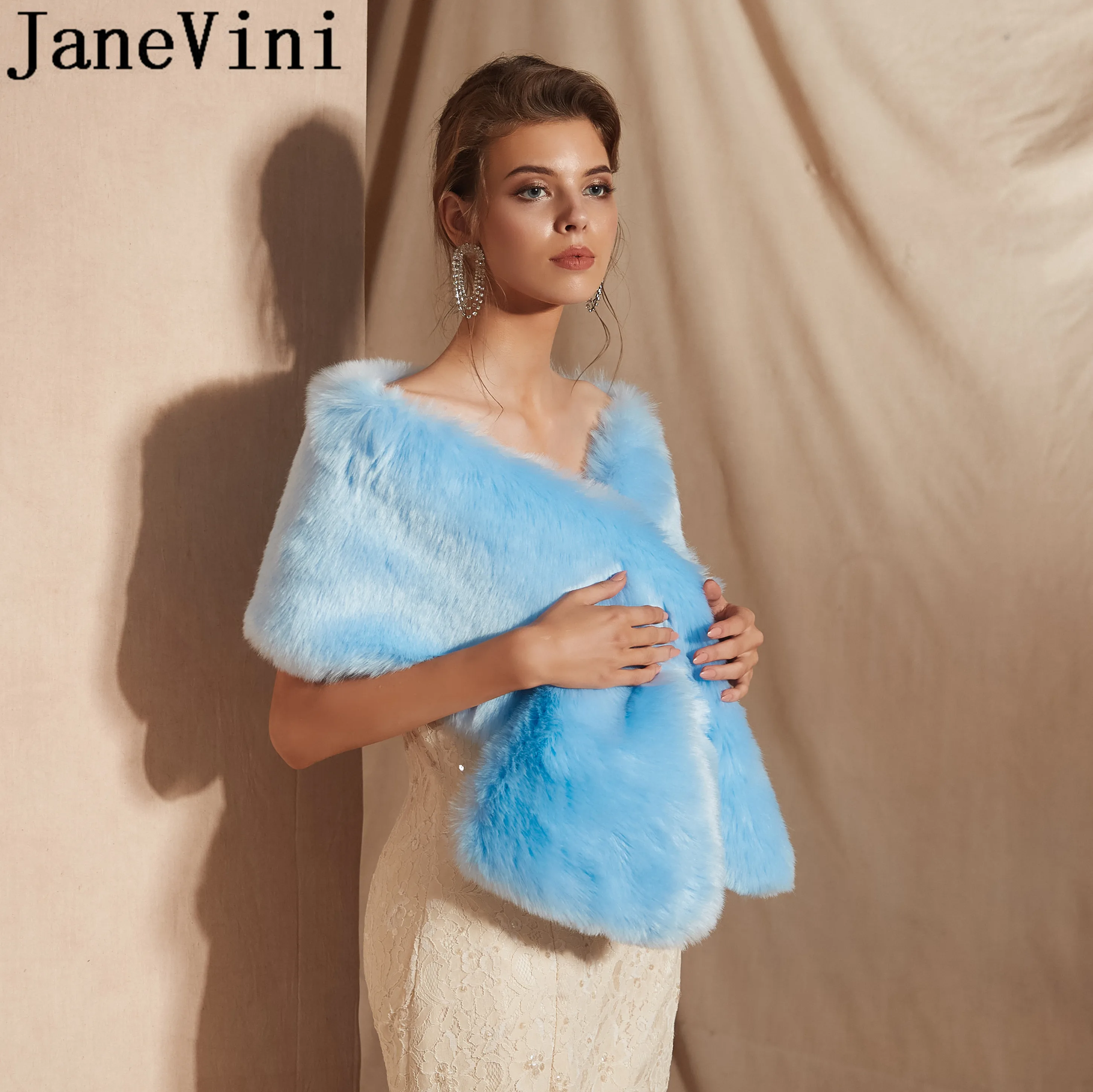 JaneVini,, великолепная накидка из искусственного меха для женщин, синий цвет, для торжественных случаев, вечерние, болеро, брейдс, накидка, свадебная, меховая шаль, палантин, зимняя куртка