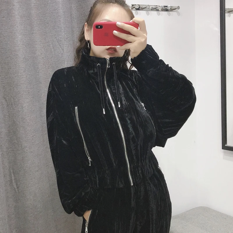 ZOEPO, плотные однотонные бархатные куртки, женские модные пальто с высоким воротом, женские элегантные куртки на молнии с коротким рукавом, женские куртки JV