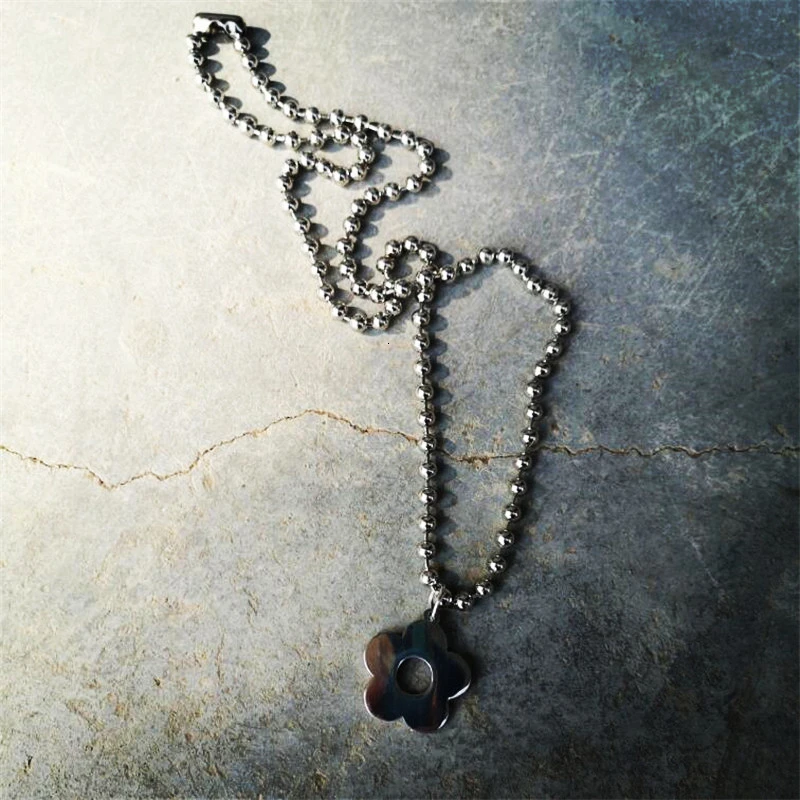 Thick bead chain Корейское винтажное ожерелье из нержавеющей стали с цветком, короткая цепочка для девушек, дискотека, хип-хоп стиль, крутые милые Подвески из бисера, подарки, вечерние - Metal Color: Thick bead chain