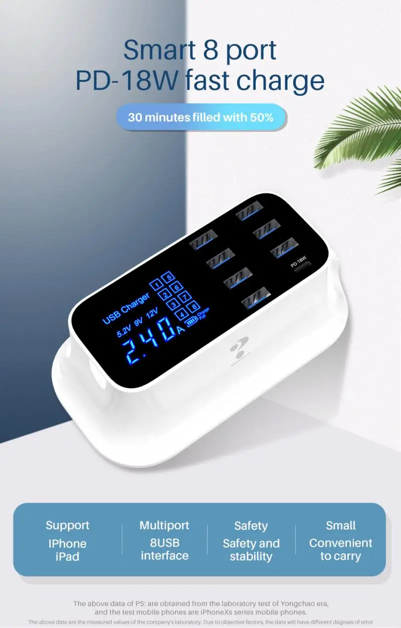 8USB 5 В/2.4a PD18W Зарядное устройство мобильного телефона Мощность переходник QC Быстрая зарядка многопортовое «умное» цифровой Мощность разъем светодиодный Экран