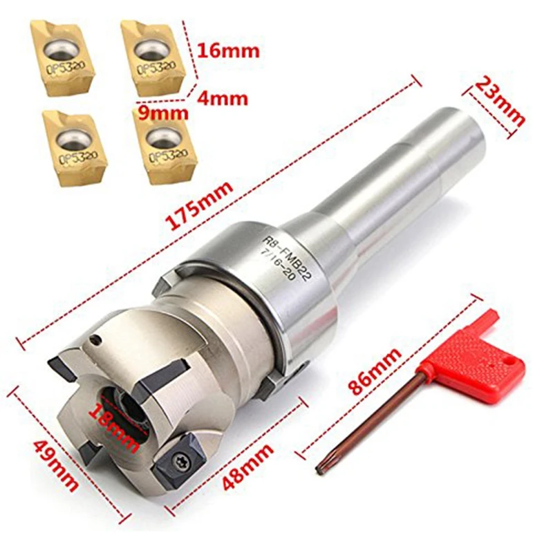 1Set 90 Degree R8 FMB22 Straight Shank Arbor+Face End Mill Cutter+4pcs APMT1604 Carbide Inserts Turning Tool