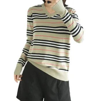 

Sweater women's spring new style bottoming shirt autumn wild stripes v-neck long sleeve wool pullover
