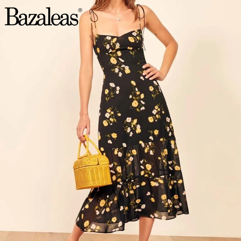 Bazaleas шифон отрегулировать на тонких бретелях vestido элегантное платье с принтом в виде ромашек черный Женское винтажное платье-миди эластичный бюстгалтер женское платье