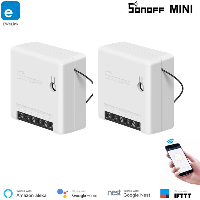 

2 Pcs Alexa Compatible Sonoff Mini WiFi Module 10A 2-Way Compatible with APP/LAN/DIY Mode Remote Control IFTTT Home Automation