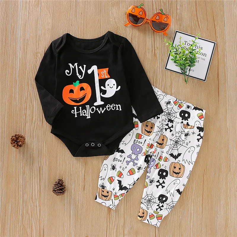 

0-24M Newborn Set Baby Halloween Clothes Set Pumpkin Print Baby Rompers Set Long Pants Kid Boys Outfits Baby Girls Clothing Set