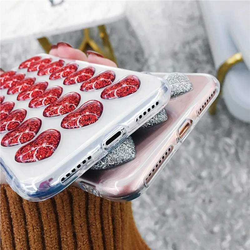 

Fashion Bling Glitter Heart Glue Silicon Body Case For iPhone 7 8 XR XS Max 6 6s Plus 5 SE Back Cover 3D Loves Sequins Soft Case