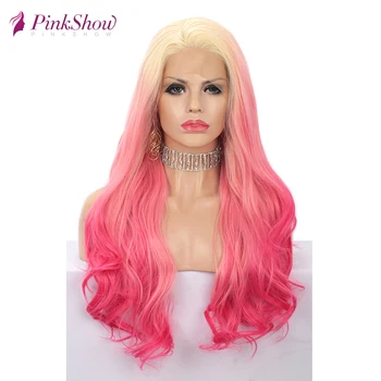 

Pinkshow Ombre Blonde Pink Wigs For Women Wavy Synthetic Lace Front Wig Heat Resistant Fiber 24 inches Party Cosplay Wig