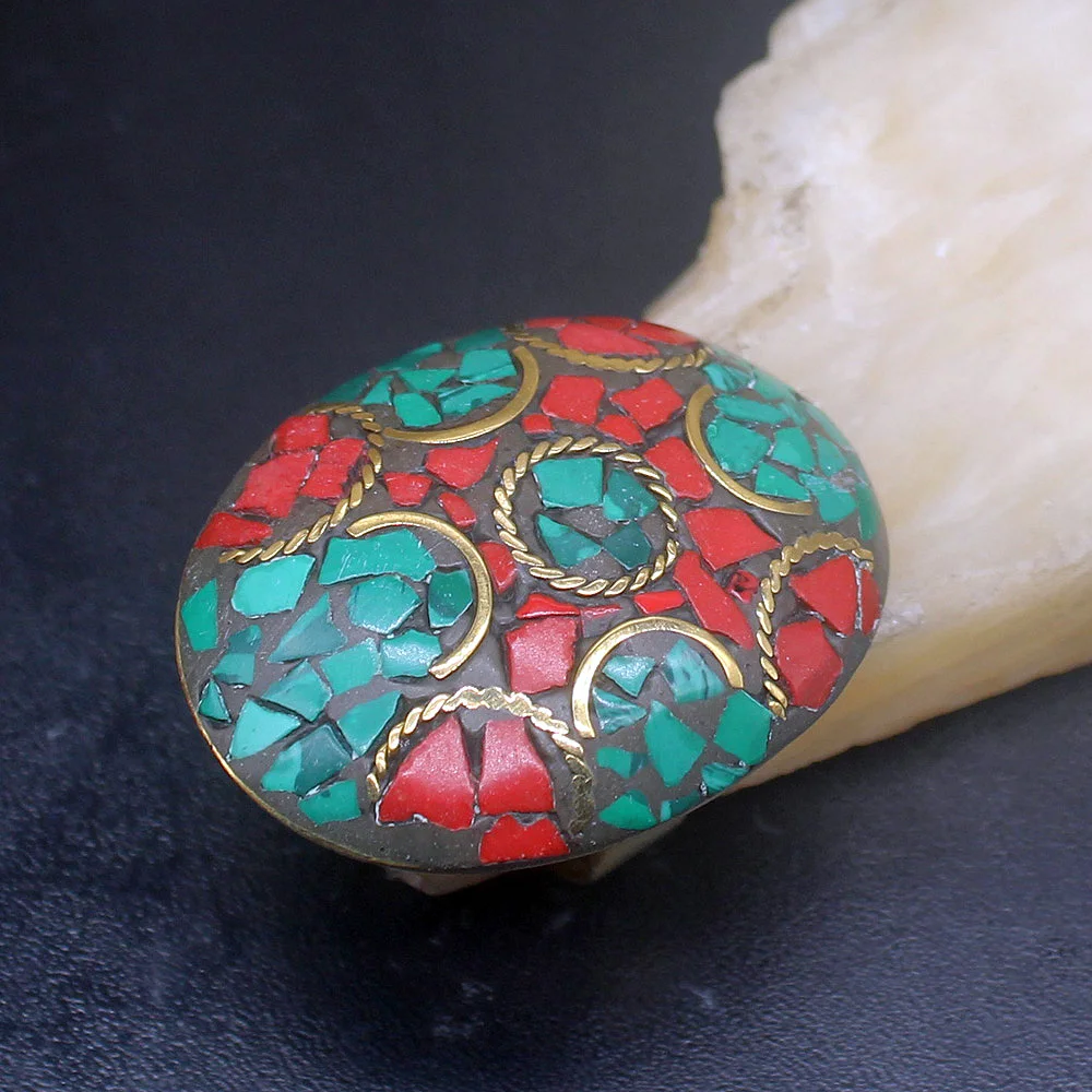 

Gemstonefactory Jewelry Big Promotion Single Unique Yellow Gold Plated Malachite Coral Women Men Gifts Band Rings 8# 20213064