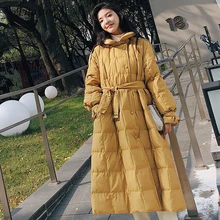 Fitaylor, новинка, женский ультра-светильник, белый утиный пух, Длинные парки, зимняя свободная уличная одежда, пуховое пальто, теплая Желтая верхняя одежда с поясом