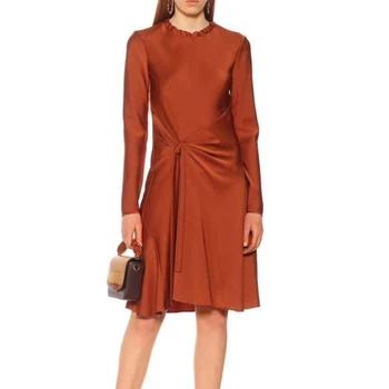 

HIGH QUALITY Newest 2020 Fashion Women's Elegant Long sleeve O-Neck Drawstring Bow Brown Soft Dress