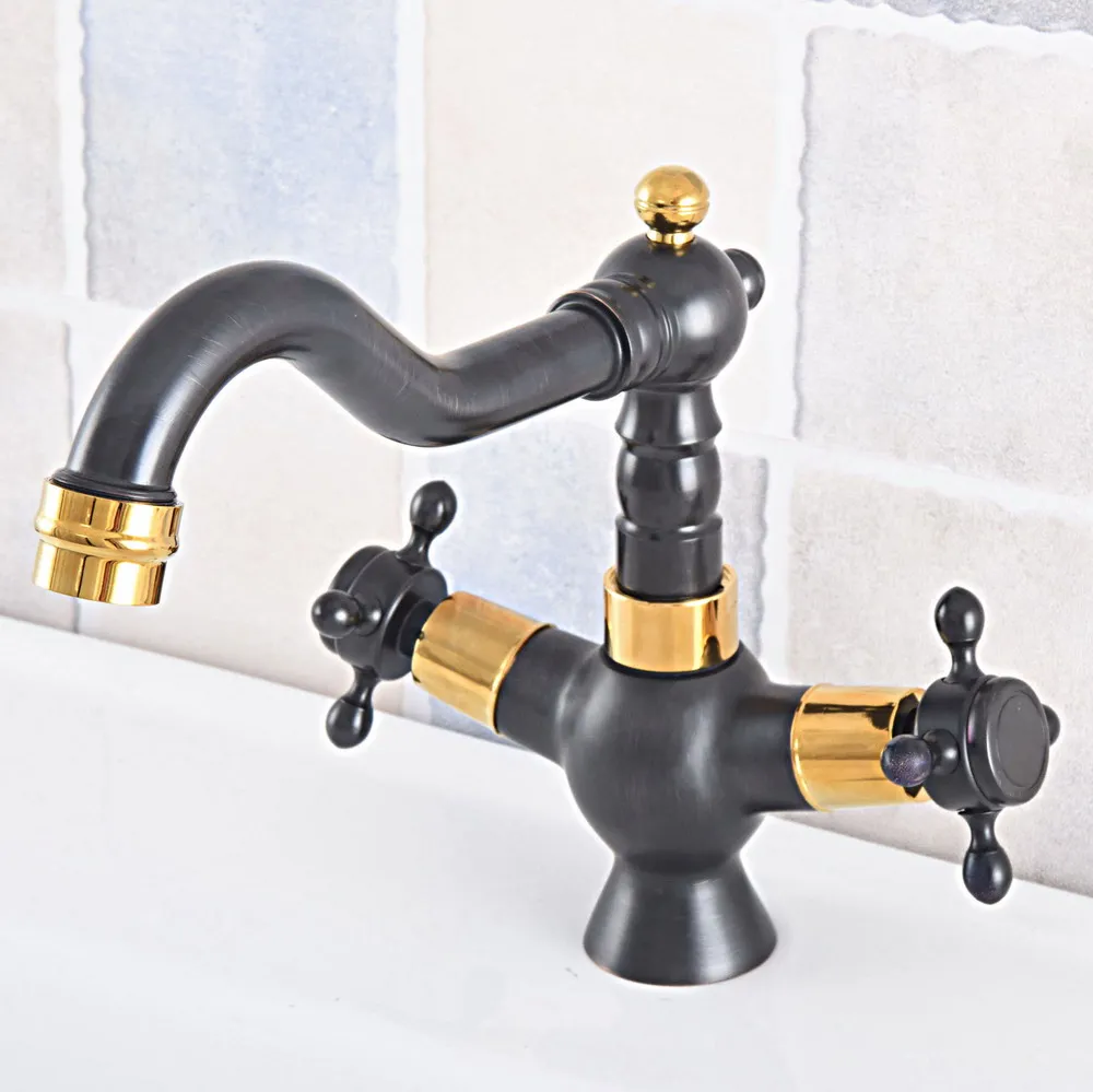 

Black & Gold Color Brass Swivel Spout Dual Cross Handles Kitchen Wet Bar Bathroom Vessel Sink Faucet Mixer Tap One Hole asf793