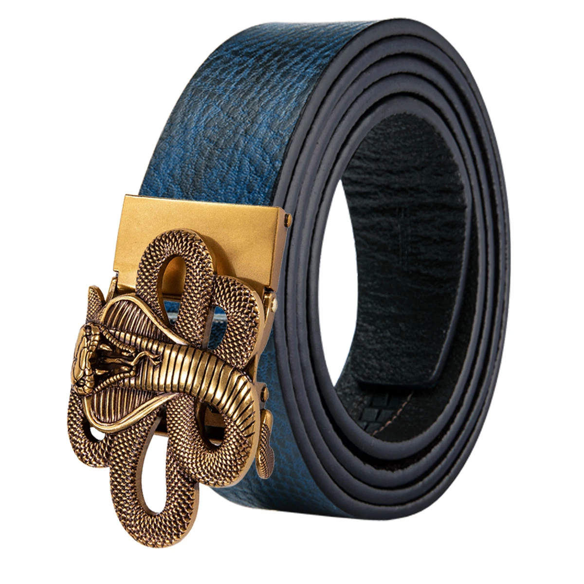 Cinturón de serpiente dorada para hombre, Cinturón de piel de vaca, diseño de moda, 3,5 cm, color azul, con trinquete automático, GE 2111| Cinturones de hombre| - AliExpress