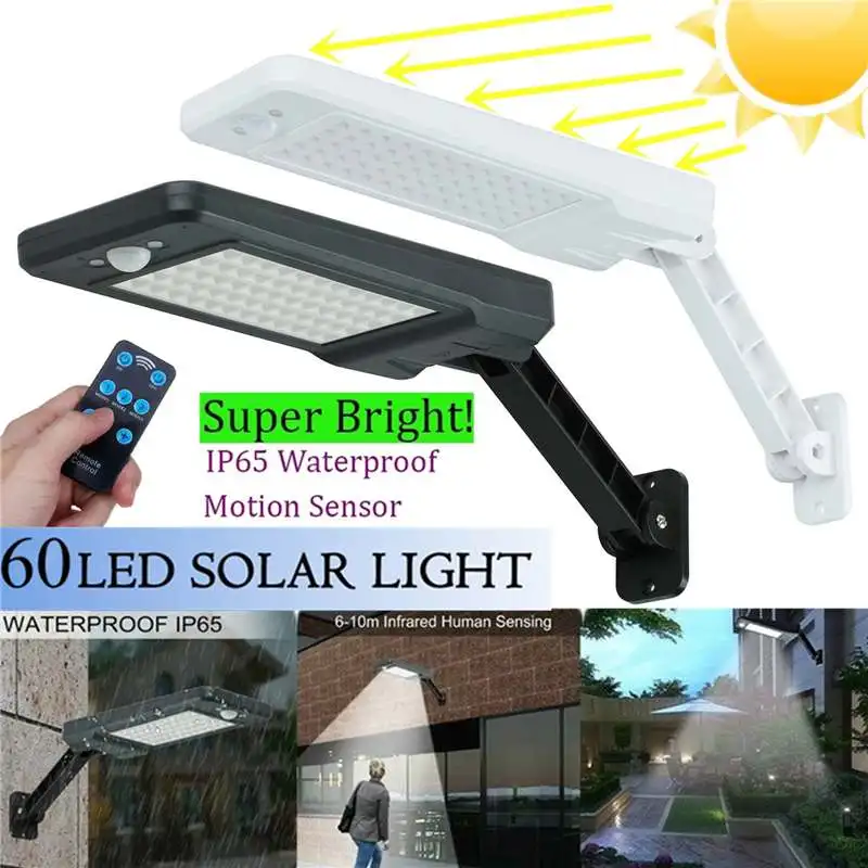 

60 LED Remote Control Adjustable Wall Lamp Waterproof PIR Motion Sensor Solar Light Garden Wall Lighting 6000K Waterproof
