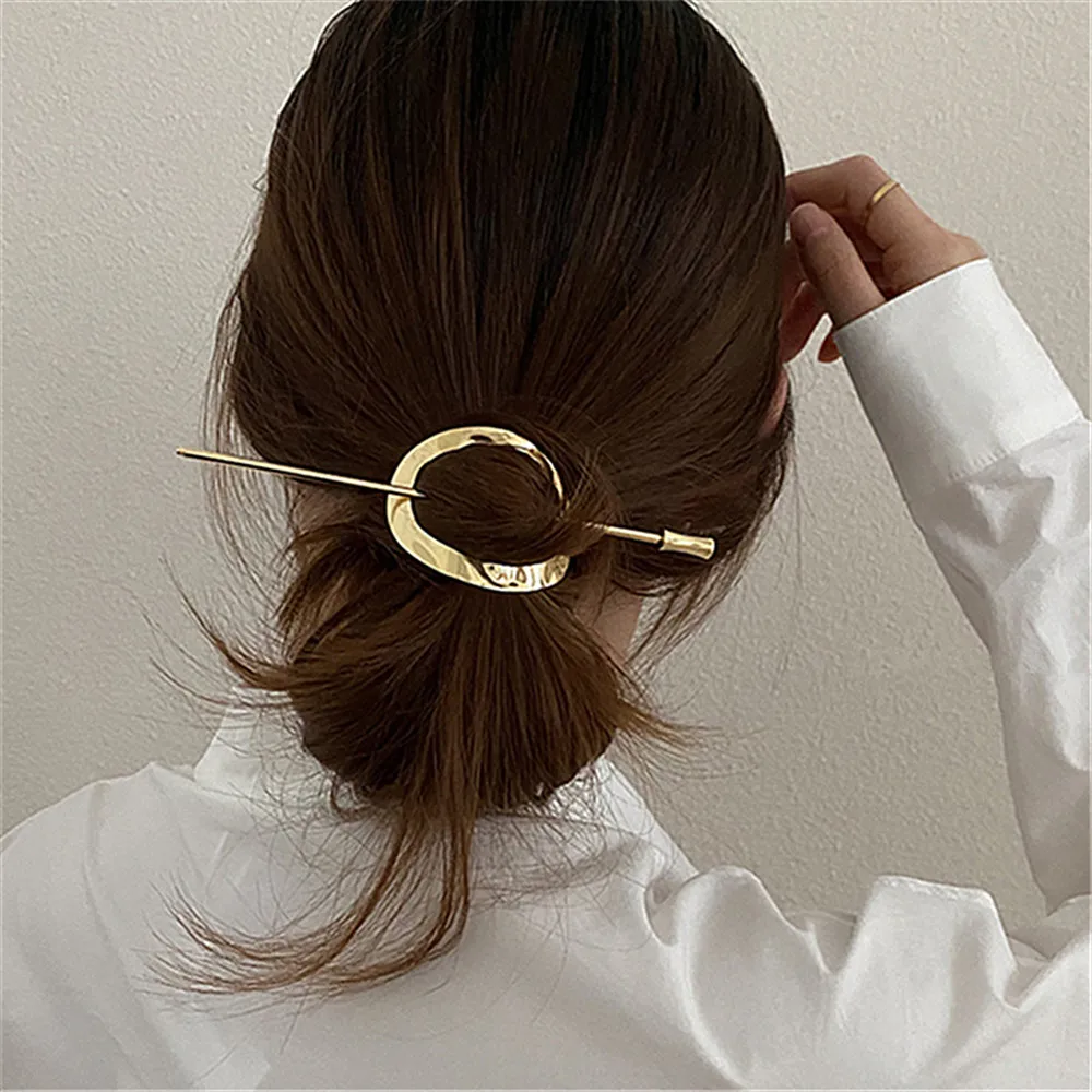 

2021 Gold Silver Color Metal Geometric Round Square Hollow Removable Top Clip Hair Sticks Headwear Accessories for Women