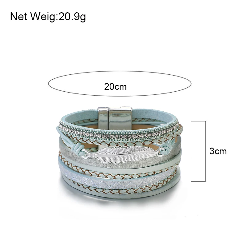 Amorcome Metal Feather Genuine Leather Bracelet for Women Jewelry Fashion Multilayer Bohemian Charm Wide Bracelets & Bangles - Image 6