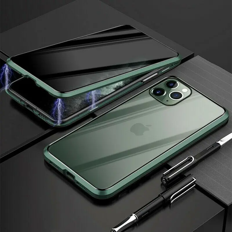 Армейский зеленый Для iPhone 11 Pro Max XS MAX X XR 7 8 6 6S Plus антишпионский двойной стеклянный Передний+ задний чехол с магнитной застежкой металлический чехол для телефона - Цвет: Армейский зеленый