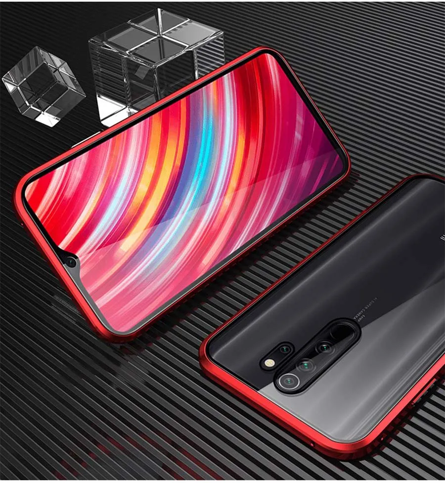 Металлический магнитный адсорбционный чехол для Xiao mi Red mi Note 8 Pro, двойное закаленное стекло, полный магнит, чехол s Note8 7 mi Note 10 Pro, чехол s