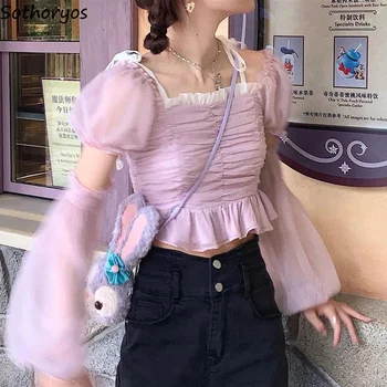 여성용 패치워크 러플 폴드 블라우스, 레트로 스퀘어 칼라, 긴 랜턴 소매 디자인, 독특하고 부드럽고 달콤한 크롭 러블리 패션