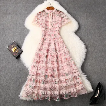 

High Quality Runway Dress Summer Clothes for Women 2020 New Fashion Short Sleeve Print Lace Ruffle Layered Cake Midi Party Dress