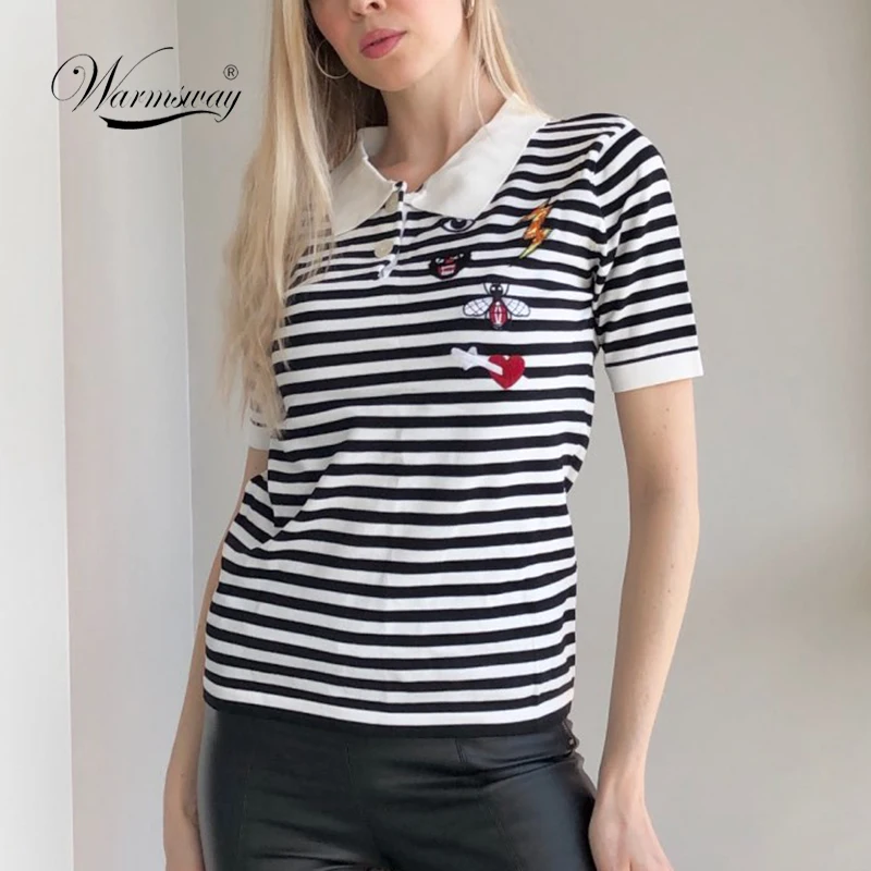 

Summer Striped Contrast Color Short Sleeve Top Bee Eyes Heart Embroidery T-Shirt Pullover Knitwear Brand Design Clothes B-191