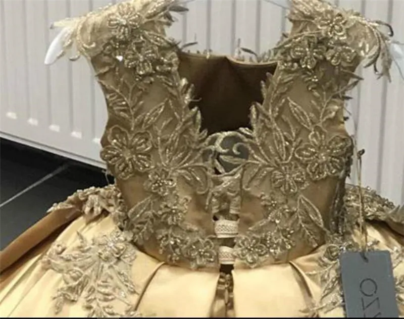 Gold Flower girl Dress for Wedding Lace Applique Satin Kids Birthday Party Dress Pageant Gown
