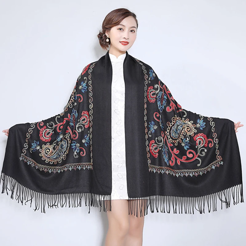 

All-Match Women Embroidery Scarves Wrap Autumn Winter New Cashmere Pashmina Thickening Travel Edging Scarf Shawl Warm And Soft