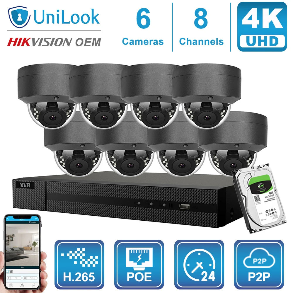 Hikvision OEM 4K 8CH NVR 8MP POE IP Камера 4/6/8 шт. комплект открытый системы безопасности ONVIF H.265 CCTV NVR Kit с 1/2/4 ТБ HDD - Цвет: 8 Gray Cams Kit