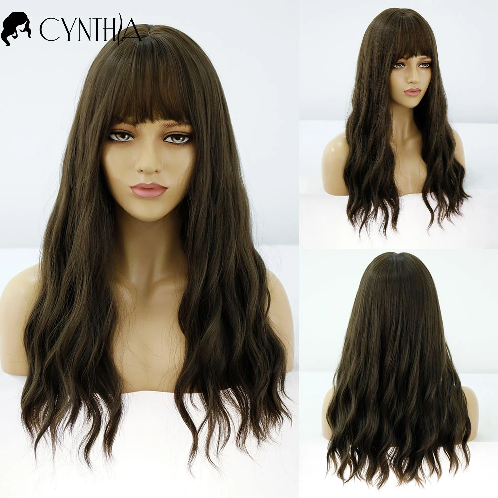 

Ombre Brown Long Wacy Synthetic Wig For Black White Women With Bangs Natural Daily Fiber Hair Heat Resistant Cosplay Wigs