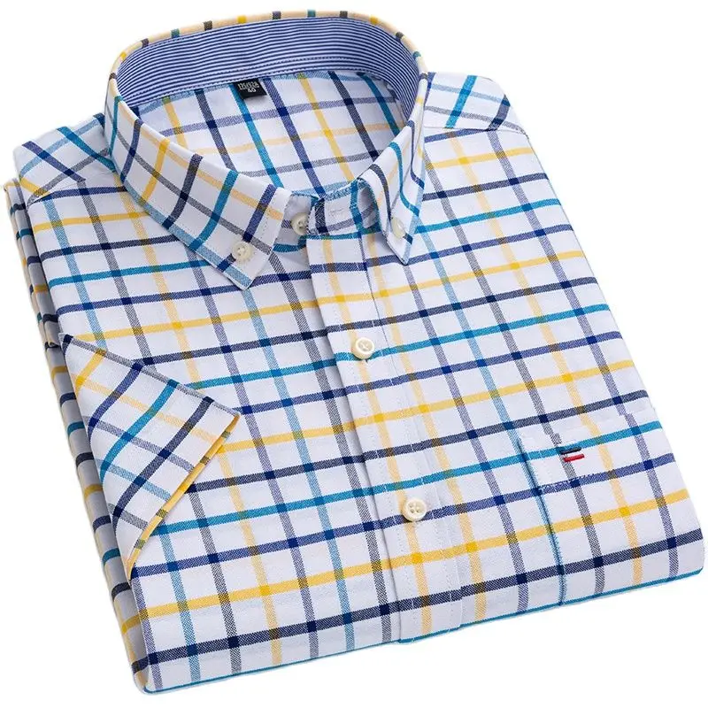 Men Oxford Short Sleeved Shirt 100% Cotton Regular Fit Causal Fashion Stripe Shirts Summer Printed Work Clothing cotton shirt men casual shirt