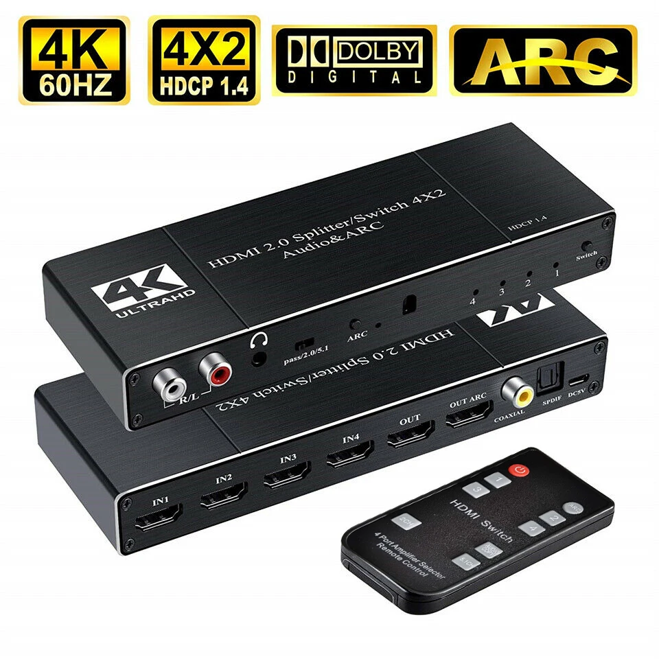 

4K/60Hz HDMI 2.0 Switch Remote 4x2 HDR HDMI Switcher Audio Extractor With ARC & IR Switch HDMI 2.0 For PS4 Apple TV HDTV