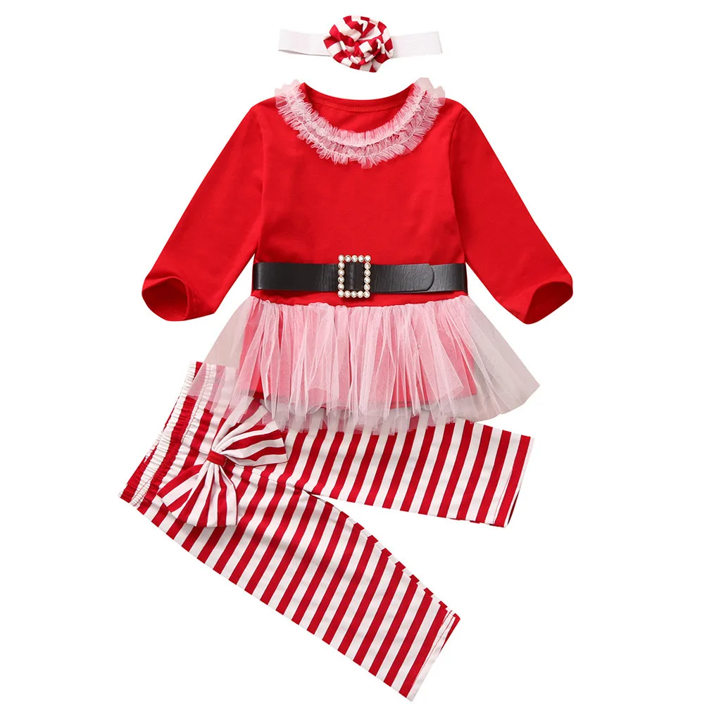 ARLONEET 3PCS Toddler Baby girls Christmas Ruffle Tulle set Bow lace tops+Pants Hairband Outfits Xmas Santa suit clothes CO23