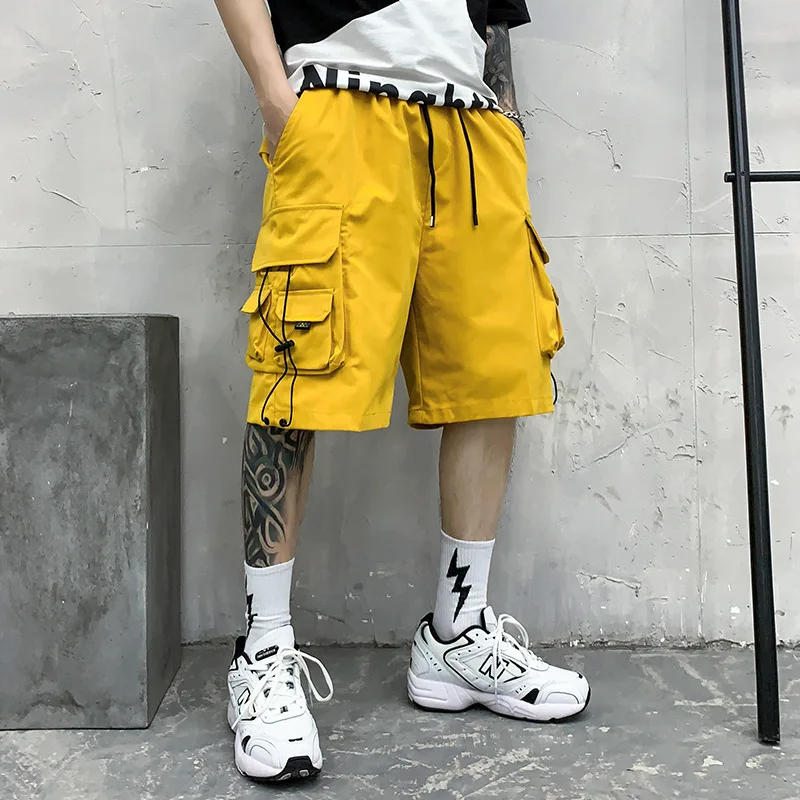 Pantalones cortos deportivos para hombre, Shorts masculinos de estilo Hip Hop, informales, con múltiples bolsillos y color amarillo, rojo y negro - AliExpress Ropa de