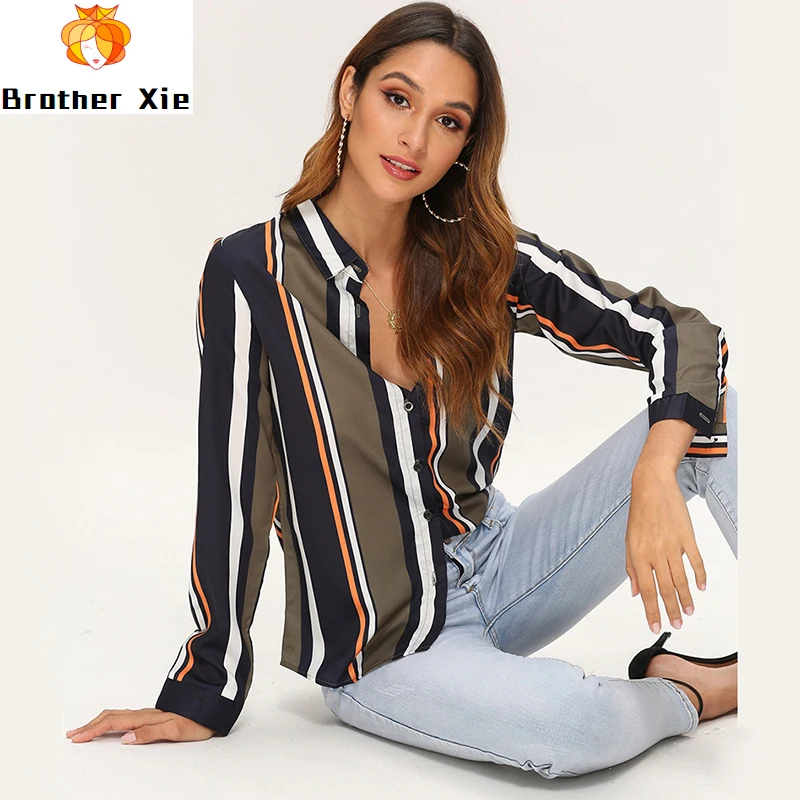 

Blouses Women 2020 Leisure Long Sleeve Striped Shirt Turn Down Collar Lady Office Shirt Autumn Blouse Top Blusas Mujer Plus Size