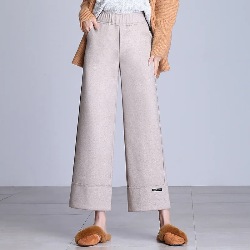 Wide Leg Pants Women High Waisted Elastic Autumn Winter Warm Solid Color Elegant Wool Office Lady Woolen Trousers Plus Size