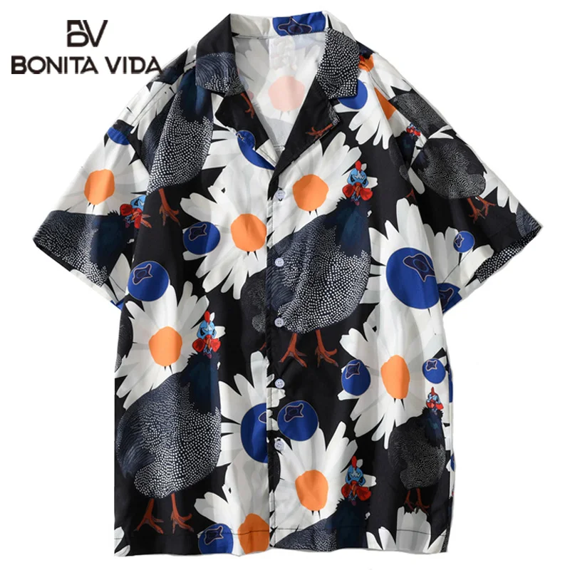 

Bonita Vida Peacock Print Shirts Mens Summer Casual Beach Aloha Holiday Floral Tropical Hawaiian Shirts Button Down Tops